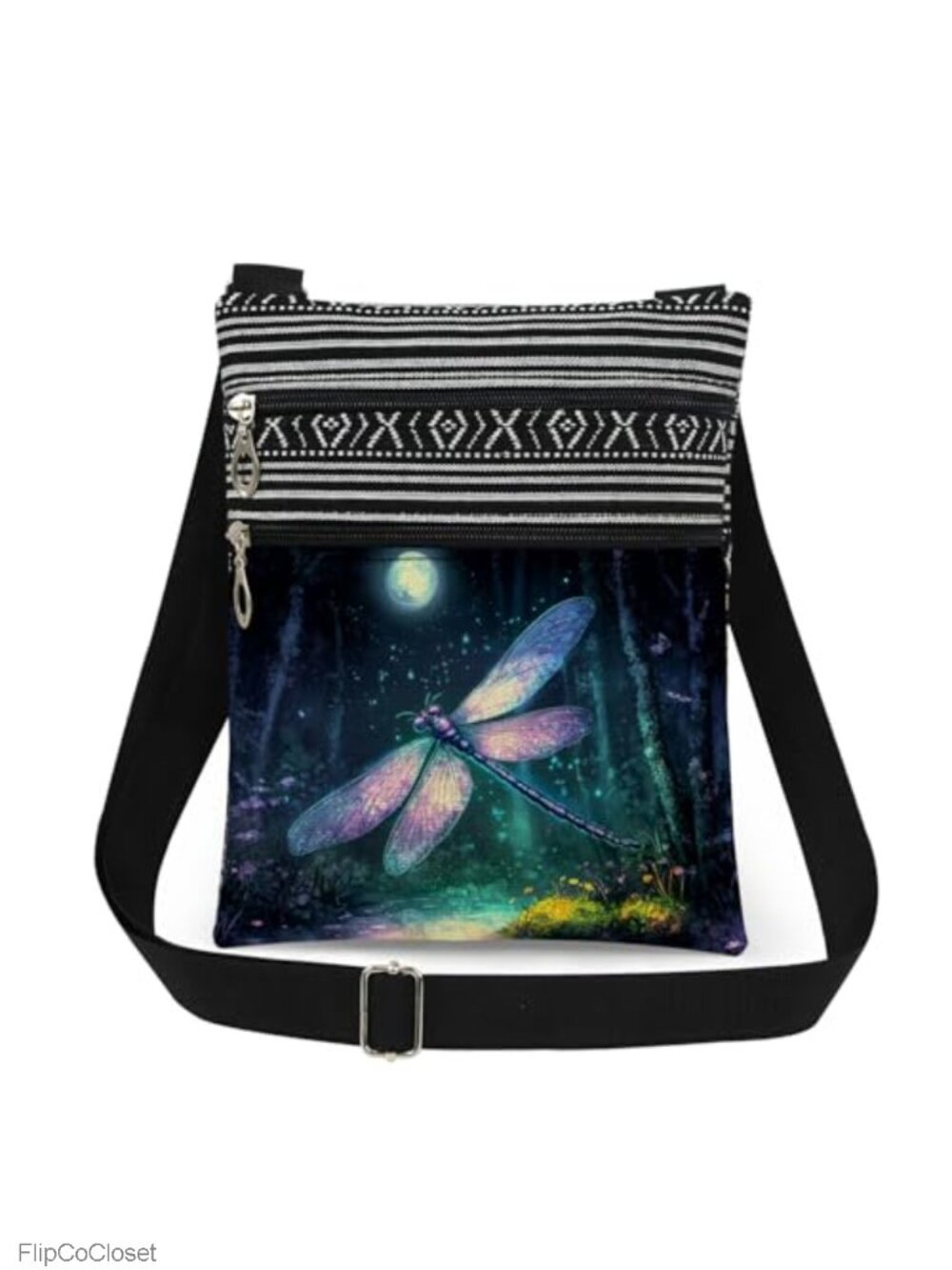 Dragonfly Crossbody Bag Polyester Adjustable Strap Double Zipper